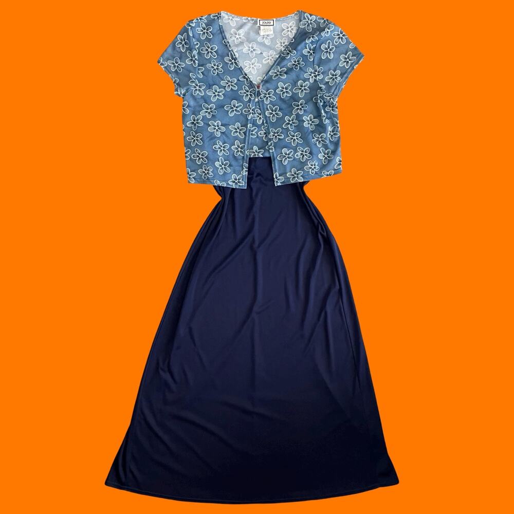 90's vintage blue grunge floral matching set maxi dress bolero LARGE joule